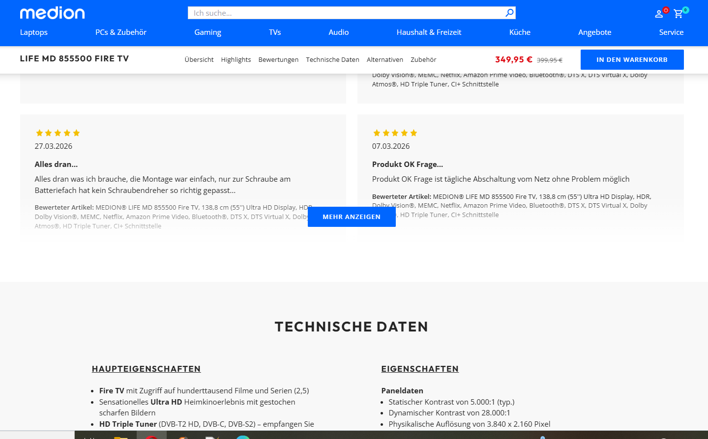 Product detail page before comparison element